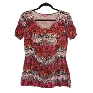 GLO JEANS Pink Black Reptile Animal Print Ruching Short Sleeve Top XL Junior
